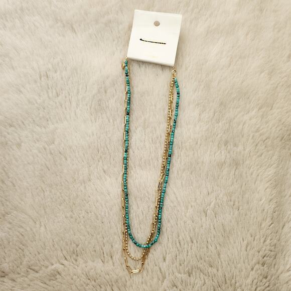NEW J. Crew Beaded Triple Layer Gold and Turquoise Necklace - Picture 3 of 8